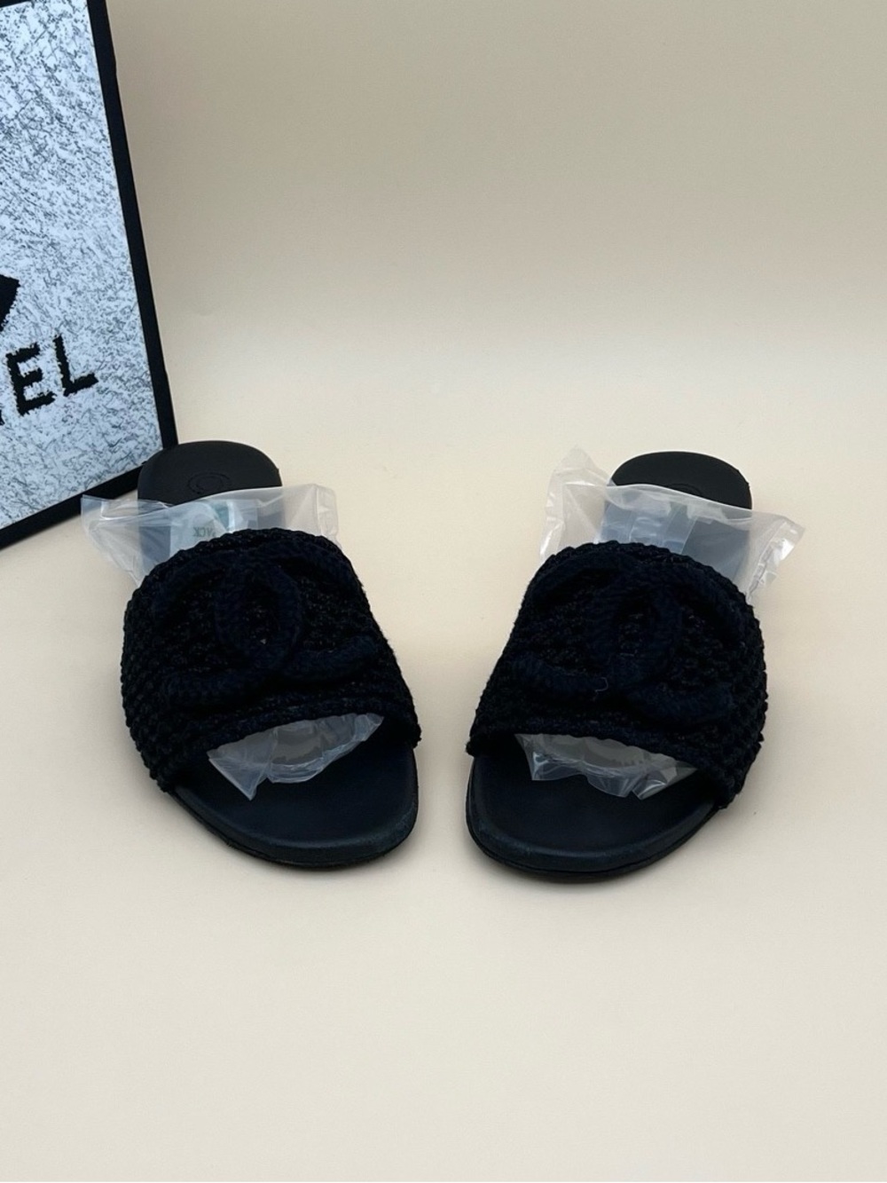 CHANEL Black Crochet Slide Sandals with CC Emblem - Picture 3 of 7